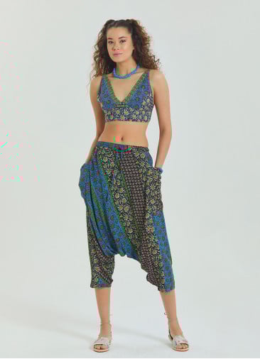Elastic Waist Women's Capri Navy Blue Floral Shalwar 4657